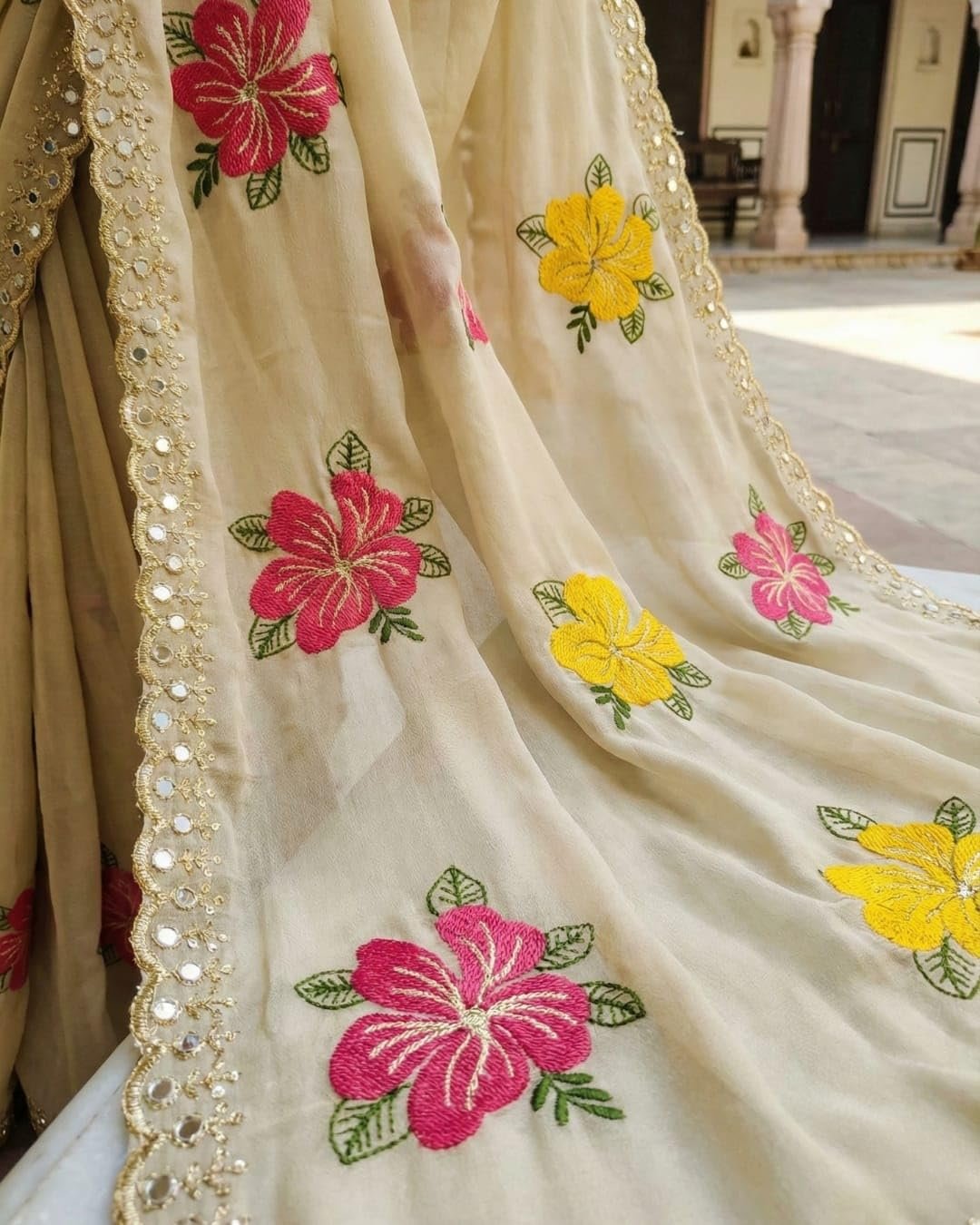 Handcrafted Floral Embroidered Saree with Contrast Blouse