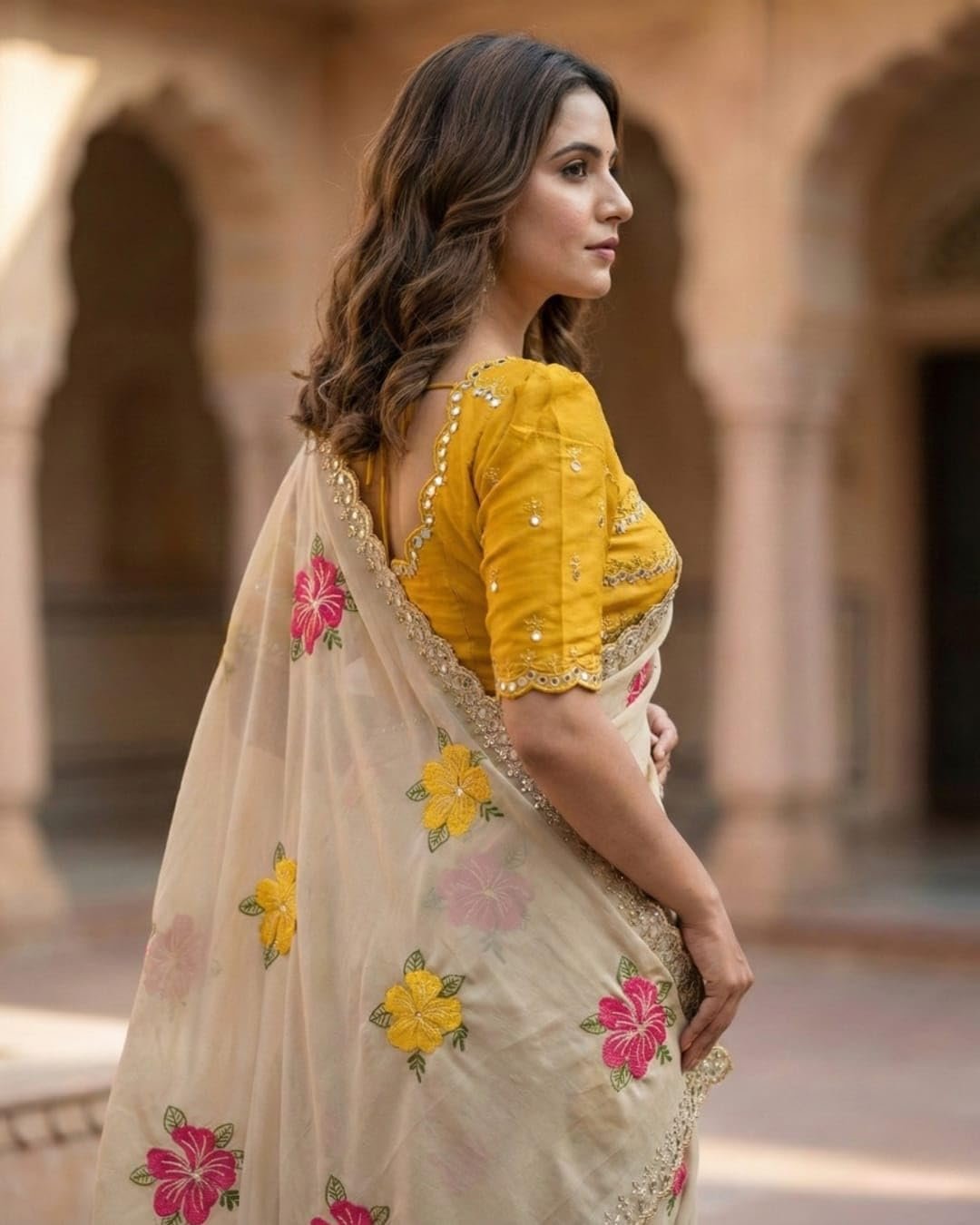 Handcrafted Floral Embroidered Saree with Contrast Blouse