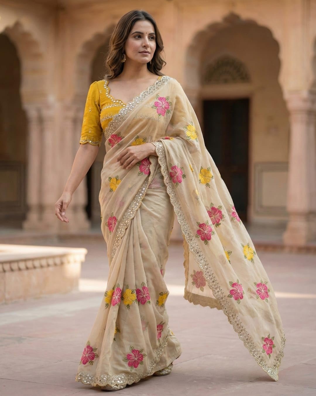 Handcrafted Floral Embroidered Saree with Contrast Blouse