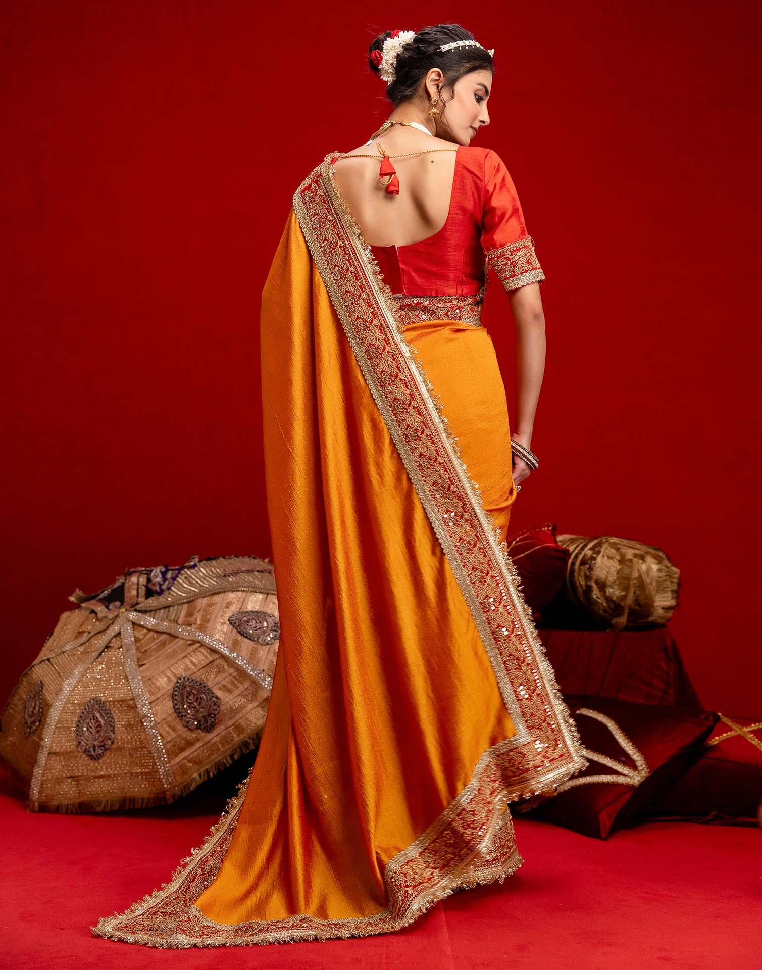 SIRIL Women's Vichitra Silk Sequins Embroidery Lace Saree With Unstitched Blouse Piece