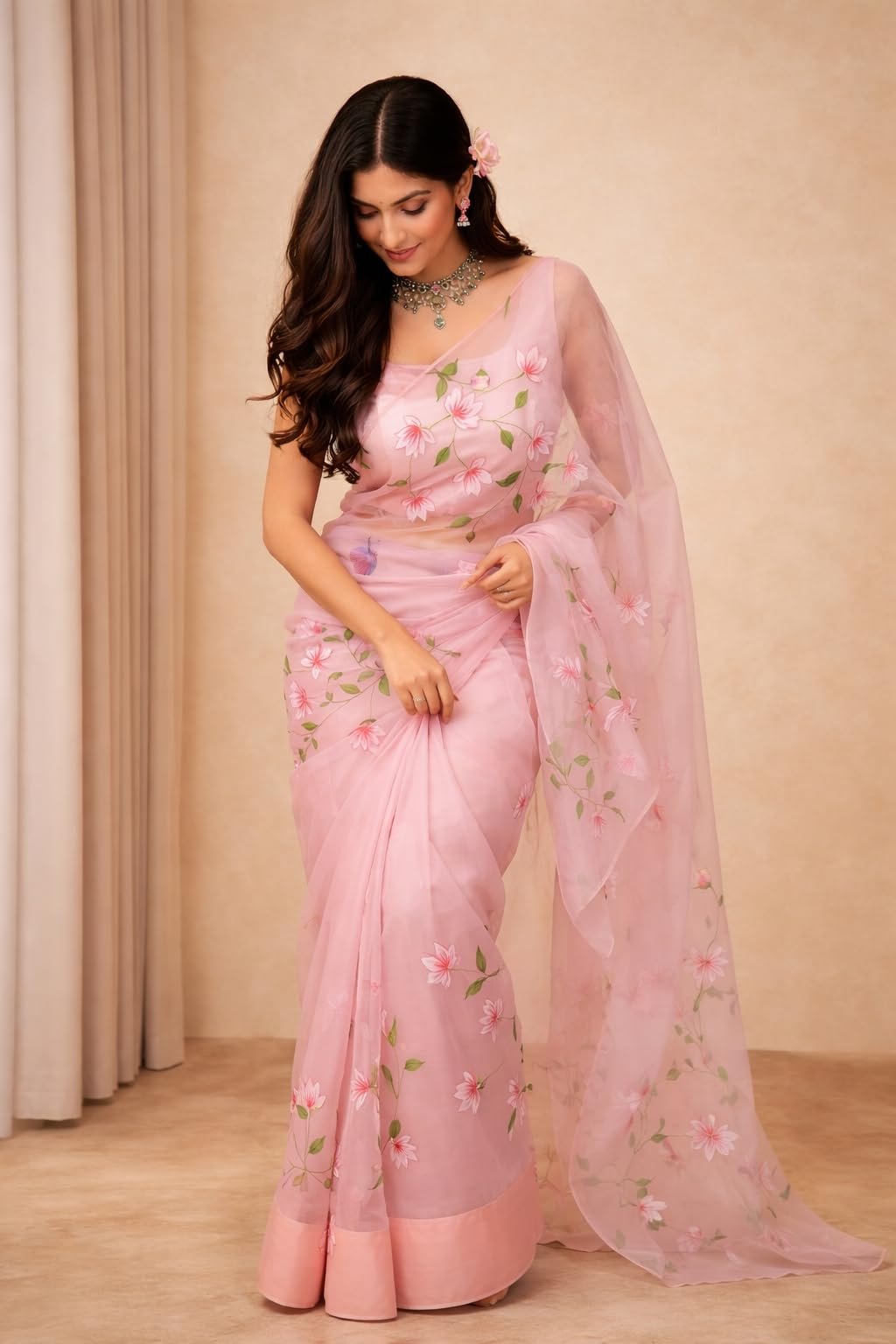 NoseQueen Women's Floral Design Hand Brush Painted Organza Saree with Blouse