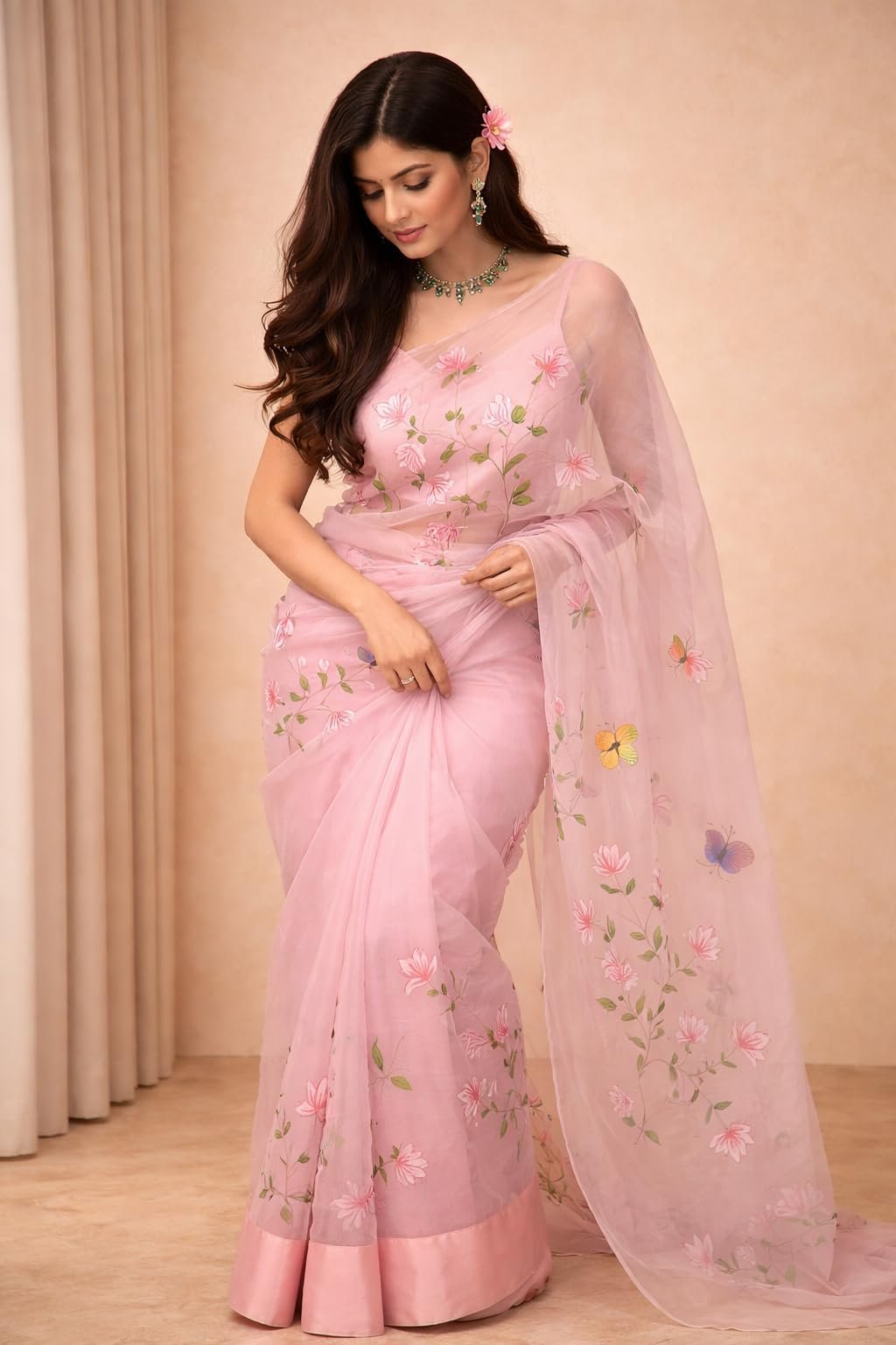 NoseQueen Women's Floral Design Hand Brush Painted Organza Saree with Blouse