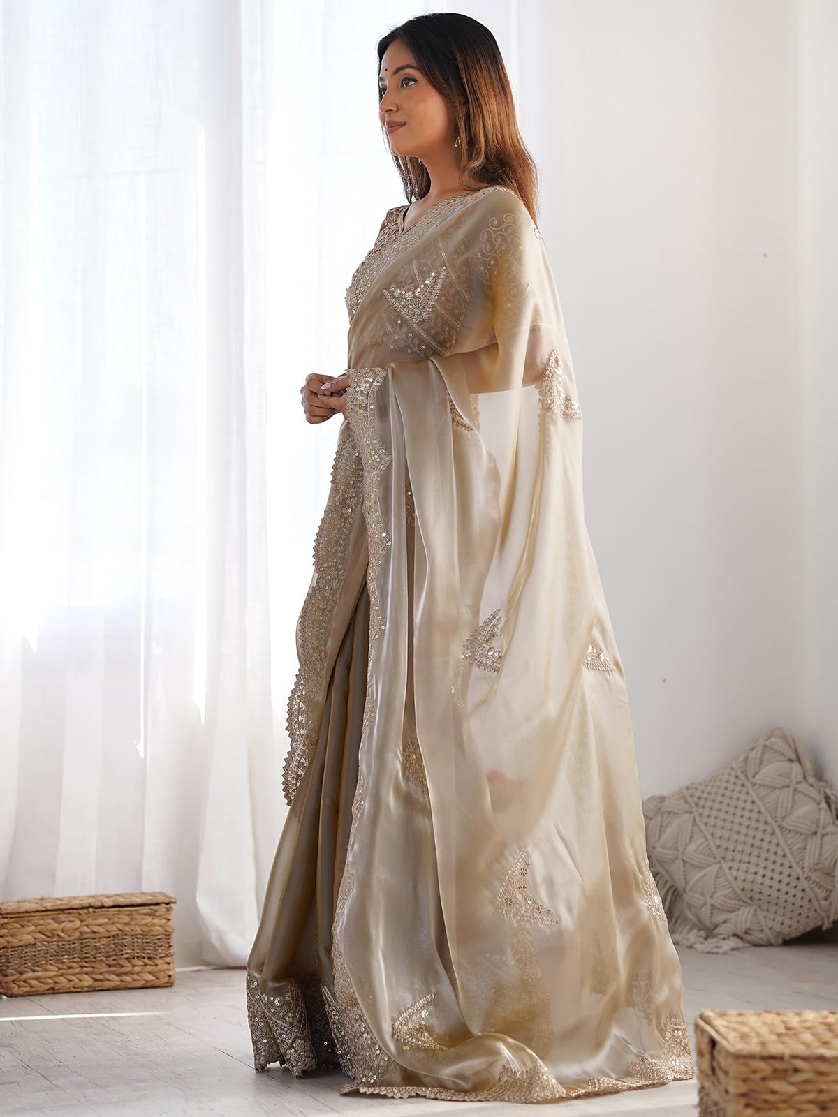 Satrani Women's Tissue Silk Sequin Embroidery Scalloped Border Saree with Unstitched Blouse Piece