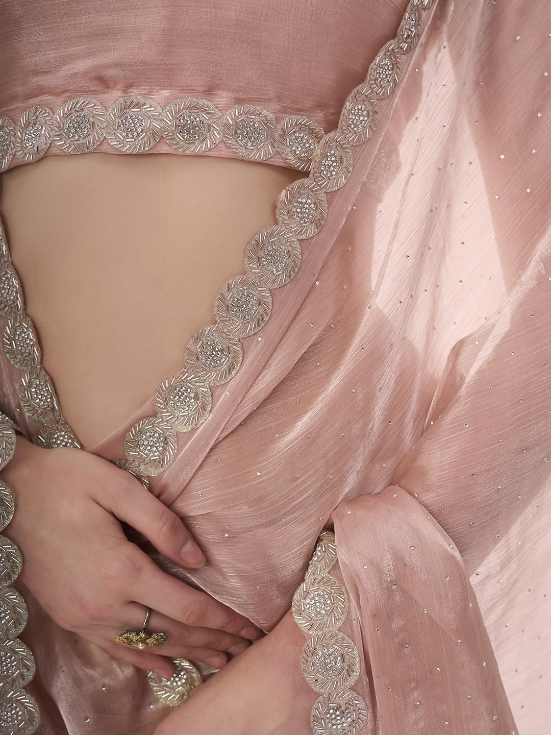 ORHANS Embellished Pure Chiffon Saree | Sequinned Pink Saree Fabric With Matching Blouse | Festive & Wedding