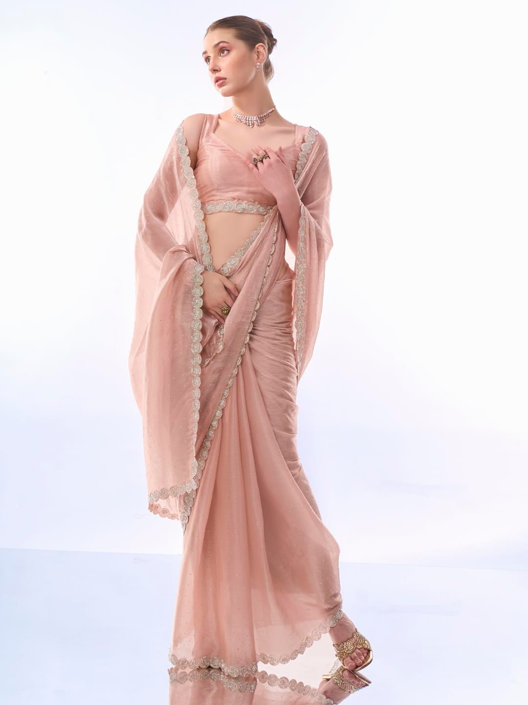 ORHANS Embellished Pure Chiffon Saree | Sequinned Pink Saree Fabric With Matching Blouse | Festive & Wedding