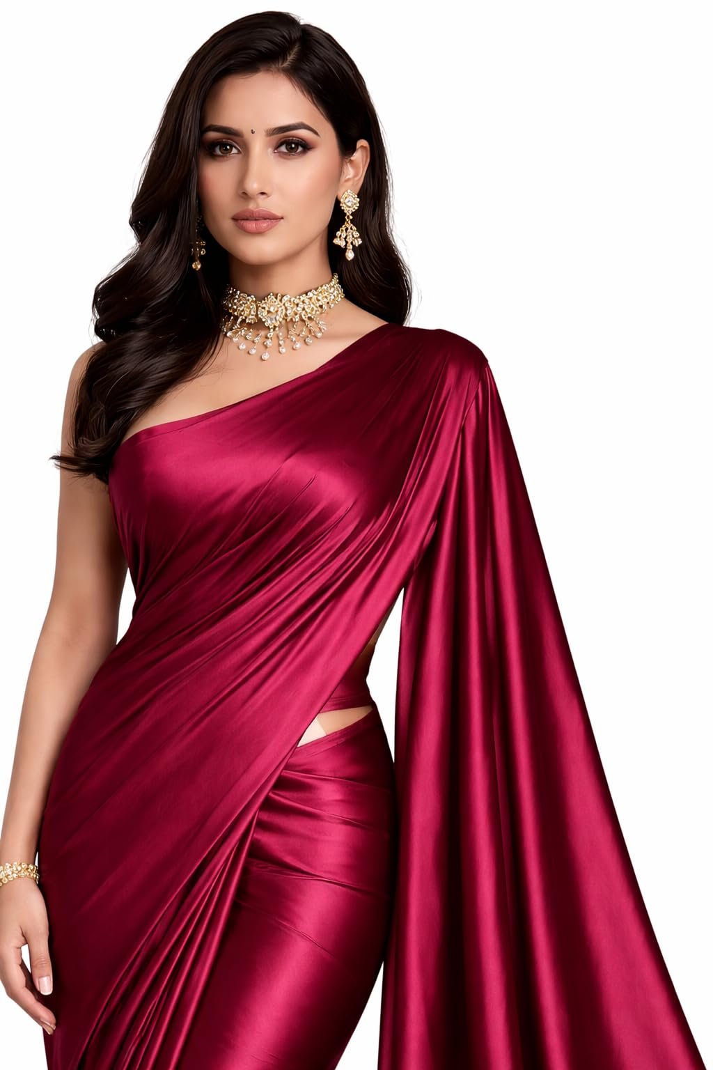 Women’s Premium Japan Satin Silk Plain Saree with Unstitched Blouse Piece – 5.5 Meters, Soft Smooth Finish, Elegant Solid Color Traditional Saree