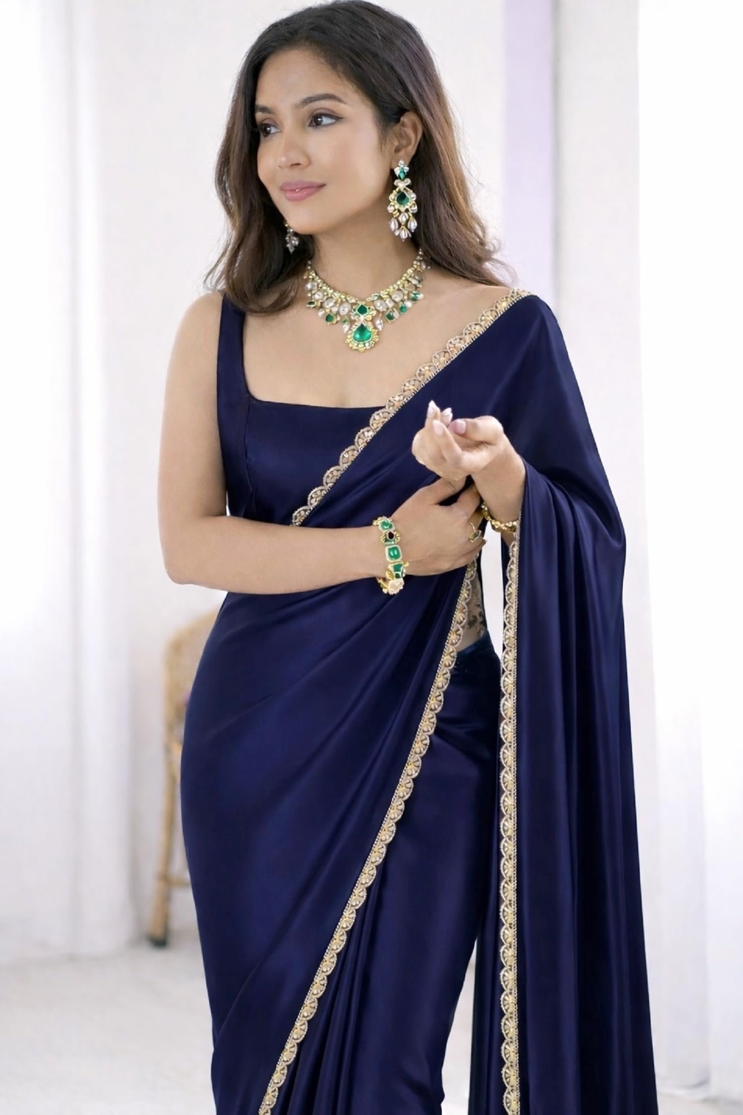 Saree For Women Satin Silk With Scallop Embroidered Border And Blouse Piece Wear For Party Wedding Farewell Plain Navy Blue