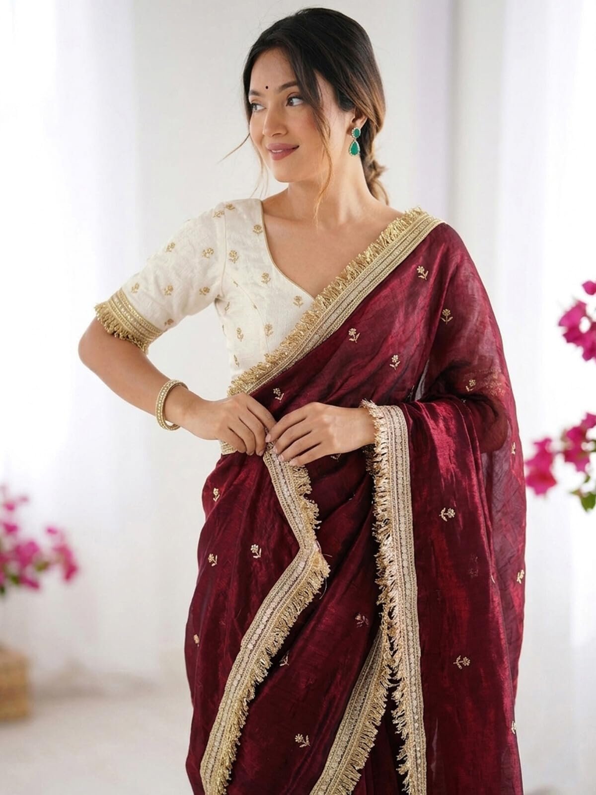 SIRIL Women's Tissue Silk Scalloped Border Sequins Embroidery Saree with Unstitched Blouse Piece