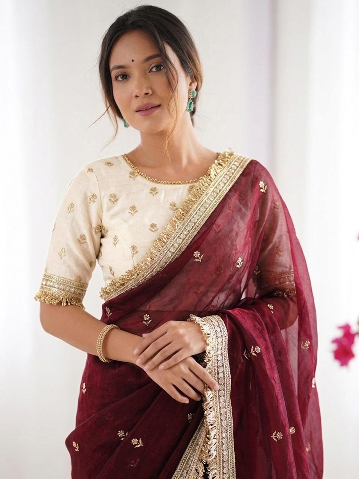 SIRIL Women's Tissue Silk Scalloped Border Sequins Embroidery Saree with Unstitched Blouse Piece