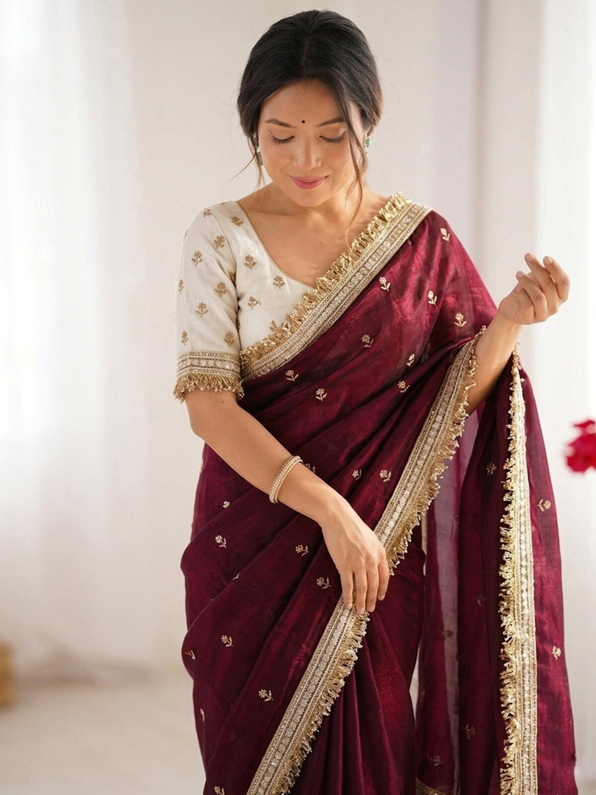 SIRIL Women's Tissue Silk Scalloped Border Sequins Embroidery Saree with Unstitched Blouse Piece