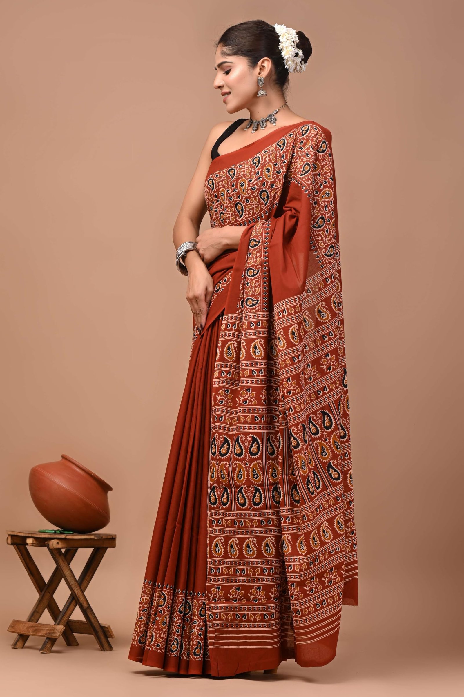 Women's Rust Orange Mulmul Cotton Printed Saree with Traditional Border & Designer Ajrakh Style Pallu with Blouse Piece