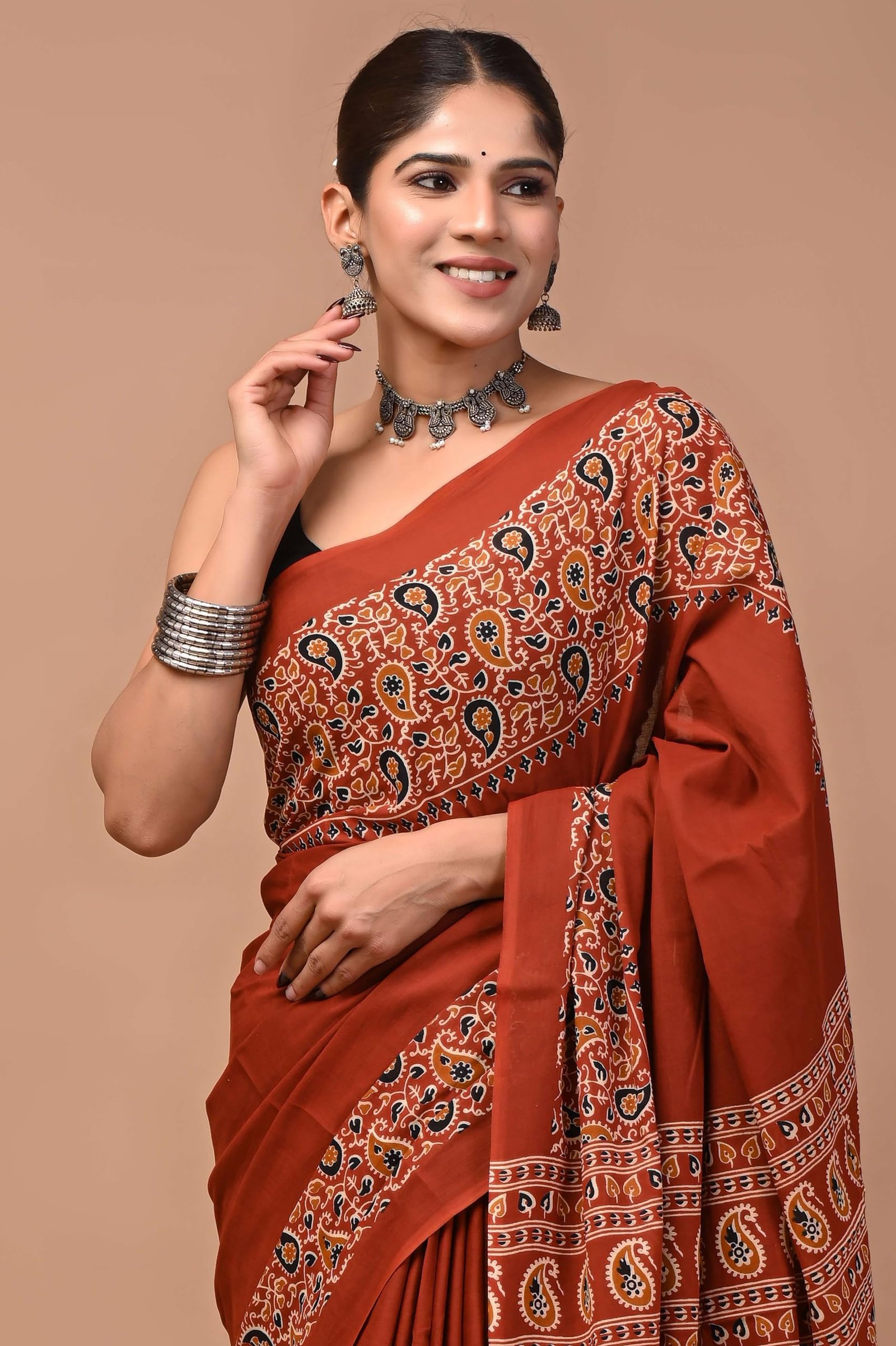 Women's Rust Orange Mulmul Cotton Printed Saree with Traditional Border & Designer Ajrakh Style Pallu with Blouse Piece