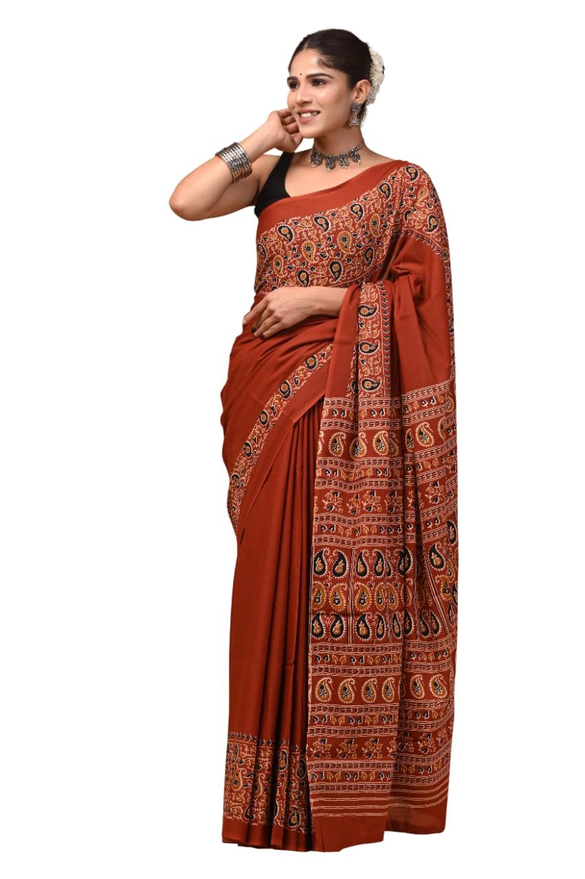 Women's Rust Orange Mulmul Cotton Printed Saree with Traditional Border & Designer Ajrakh Style Pallu with Blouse Piece