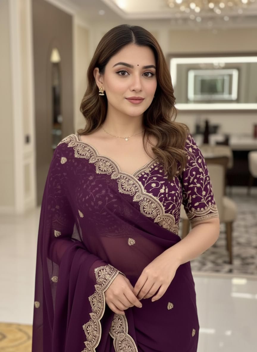 Yashika Women Vichitra Silk Saree with Embroidered Border| Latest Sarees Bollywood Sari | New Sarees | Saree Blouse| Designer Saree (AZ-YS-OG-LADYQUEEN-Parent)