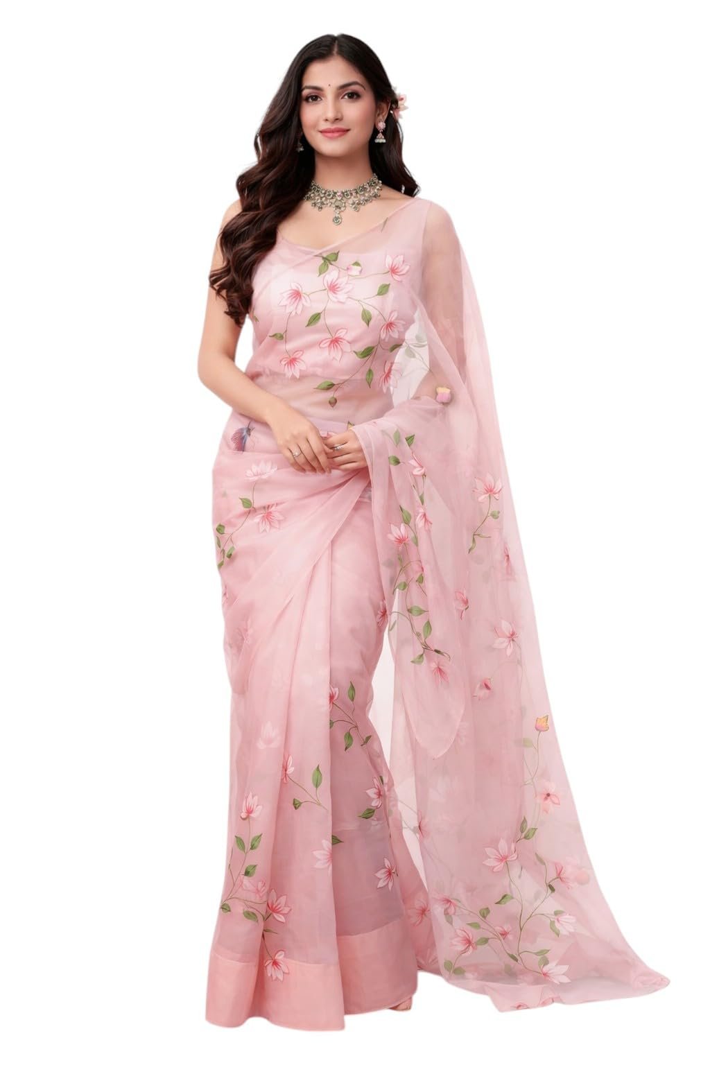 NoseQueen Women's Floral Design Hand Brush Painted Organza Saree with Blouse
